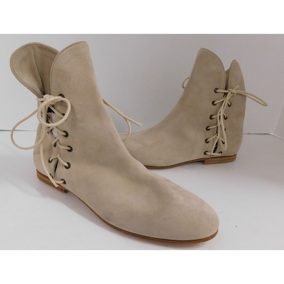 Maud Frizon Paris Natural Beige Suede Leather Lace Up Flat Bootie Boot Italy 36 - Picture 1 of 8